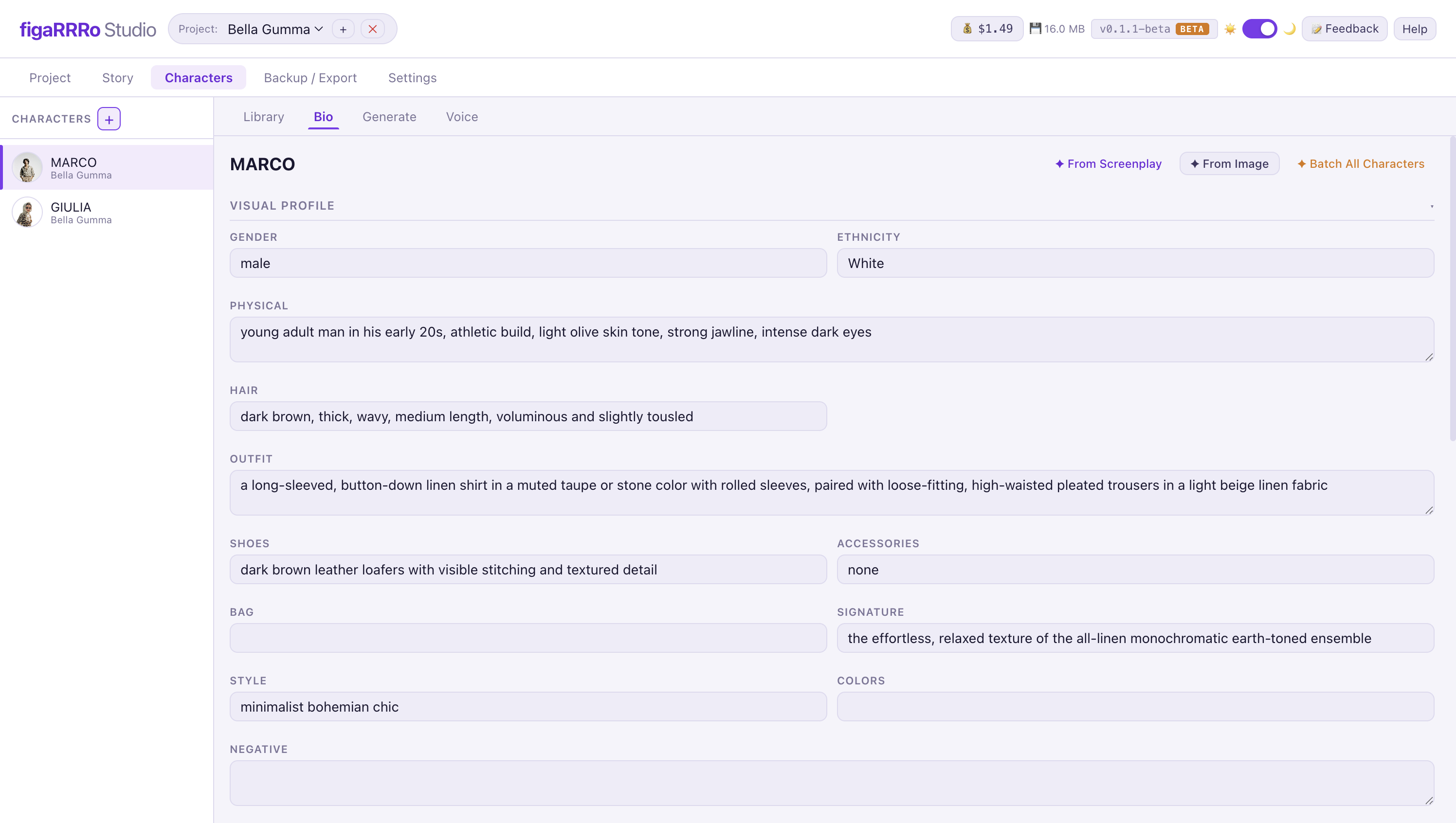 Character visual profile auto-generated from screenplay