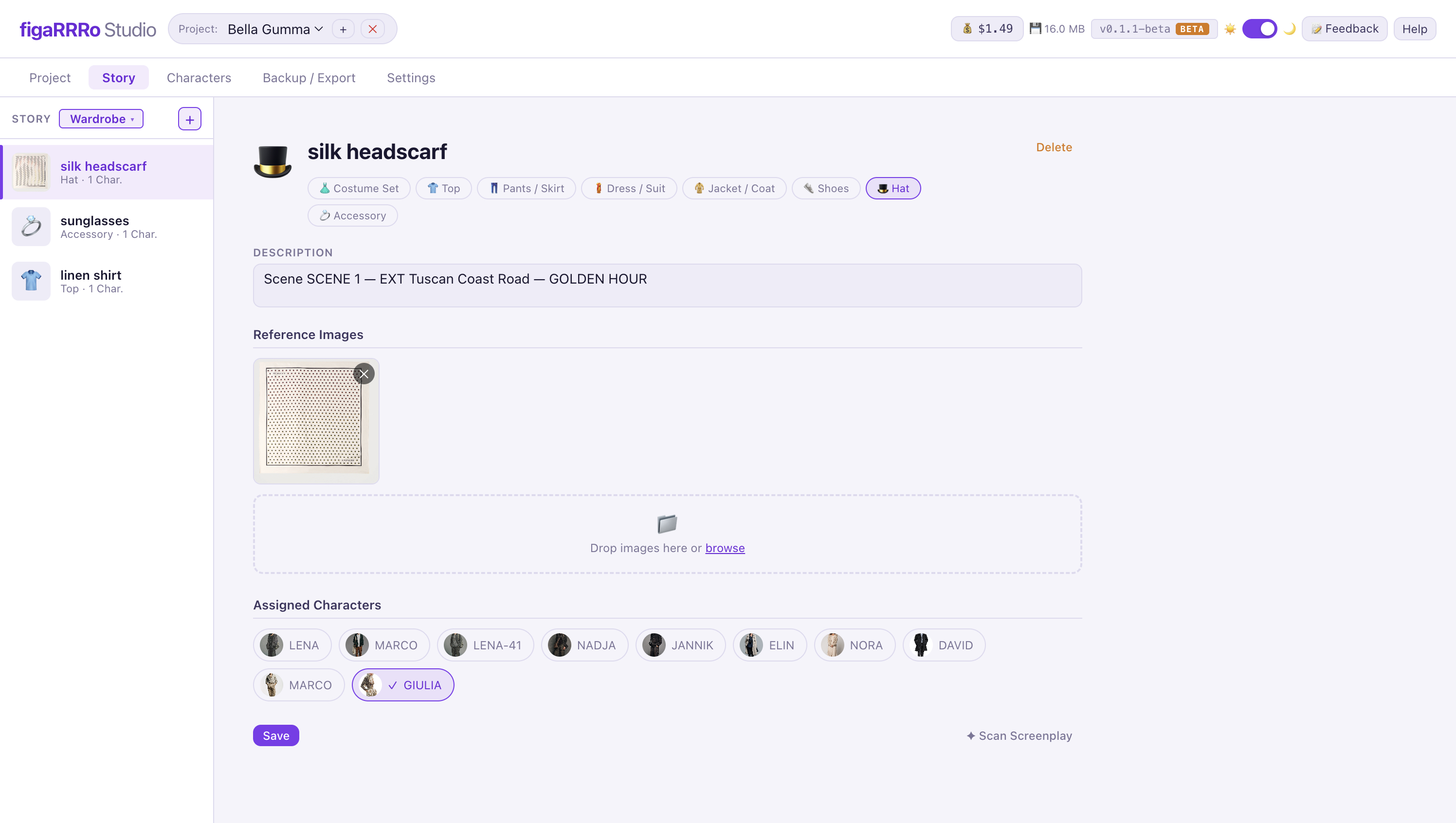 Wardrobe item with reference image, assigned to characters